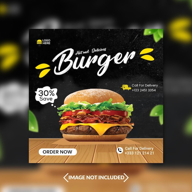 Modello delizioso dell'insegna di media sociali del menu dell'alimento e dell'hamburger