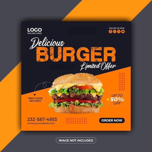 맛있는 햄버거와 음식 메뉴 소셜 미디어 배너 템플릿