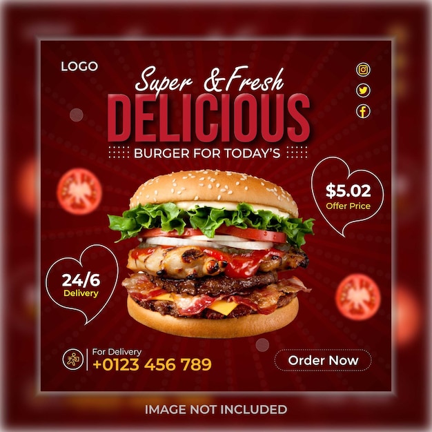 Vector delicious burger and food menu social media banner template