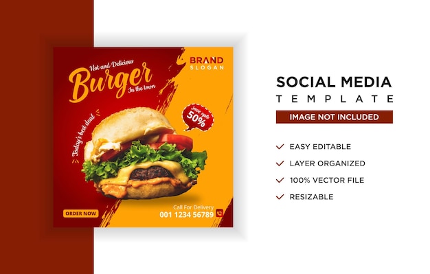 Banner di social media delizioso menu di hamburger e cibo