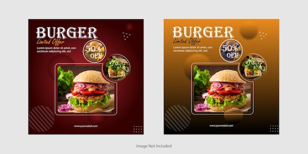 Vettore banner di social media delizioso menu di hamburger e cibo