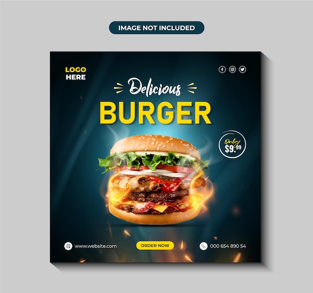 Delicious burger and food menu social media post or banner template Premium Vector