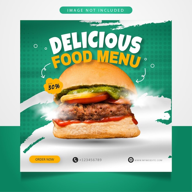 Modello di banner post sui social media del menu del cibo delizioso hamburger