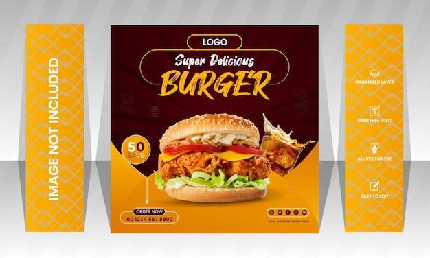 Delicious burger food menu and social media post design template premium vector
