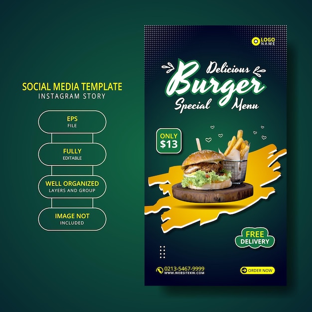 Delicious burger and food menu social media post story template promotion