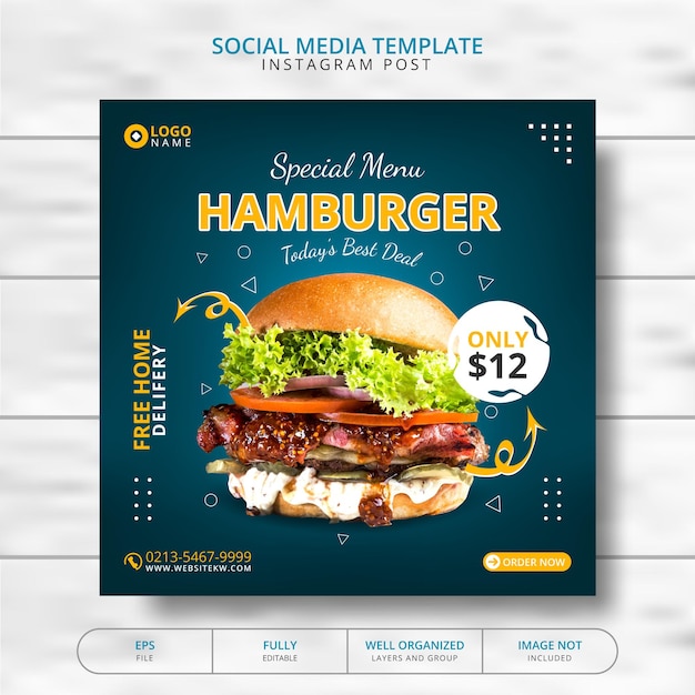 Delicious burger and food menu modello di post sui social media