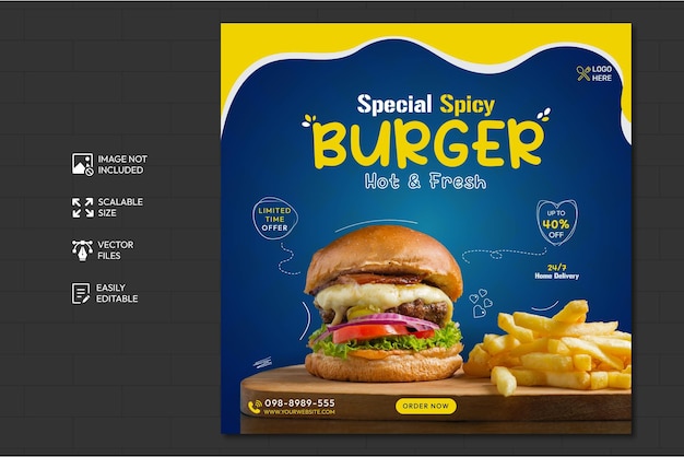 Modello di post sui social media del menu delizioso di hamburger e cibo