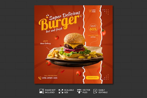 맛있는 버거와 음식 메뉴 소셜 미디어 포스트 템플릿