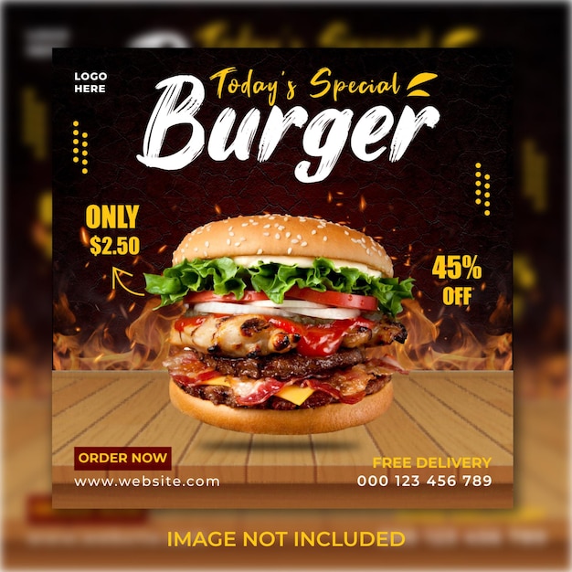 맛있는 햄버거와 음식 메뉴 소셜 미디어 게시물 템플릿