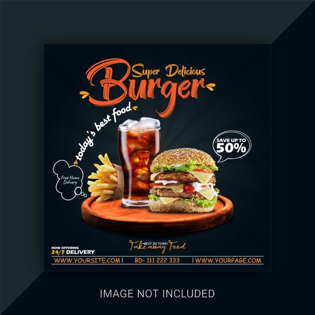 Delicious burger and food menu social media promotion square banner template