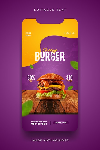 Deliziosa storia sui social media del menu di hamburger e cibo