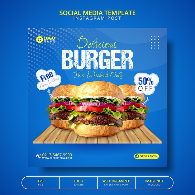 Vector delicious burger and food menu template for social media post promotion