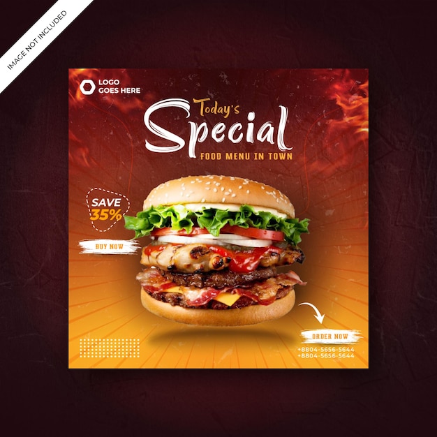 Vector delicious burger and food menu template for social media promotion