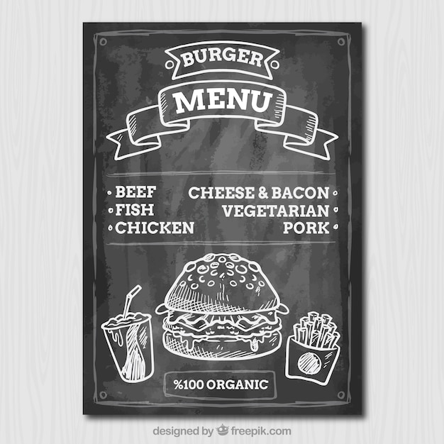 Vector delicious burger menu on chalkboard