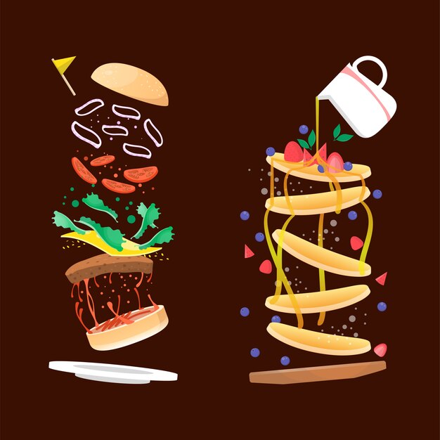 Delicious burger and pancake illustration