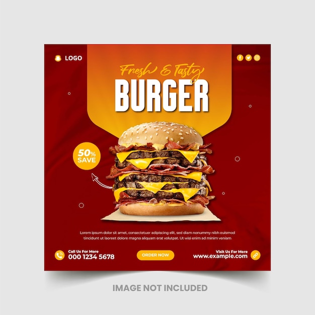 Delizioso hamburger e menu del cibo del ristorante modello di banner post sui social media