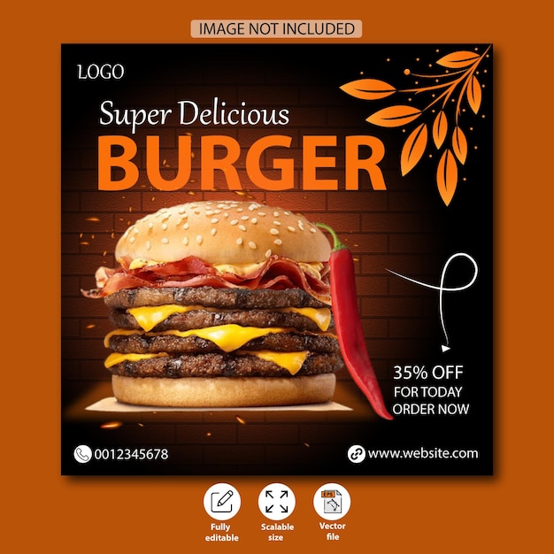 Delicious burger social media banner template Free vector file