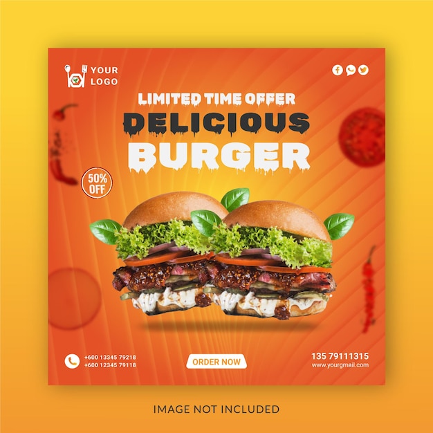맛있는 버거 소셜 미디어 게시물 광고 개념 Instagram 배너 템플릿