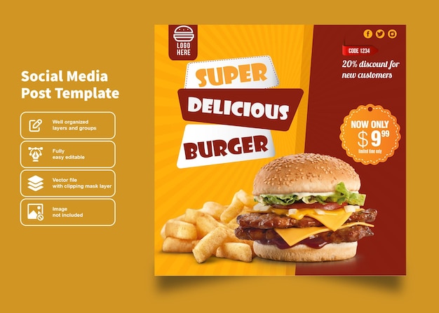 Delicious burger with discount price post and poster for social media post template