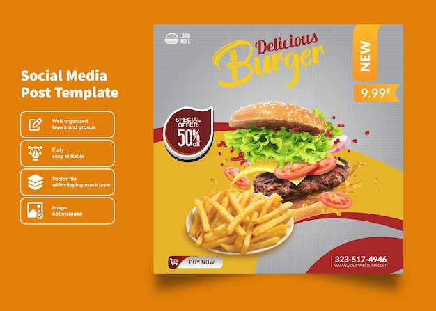 Delizioso hamburger con patatine da dita volantino e poster design per il modello di post sui social media