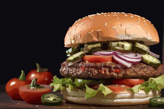 Vettore delizioso hamburger con cotolette di carne, formaggio, verdure e lattuga su un tavolo di legno.