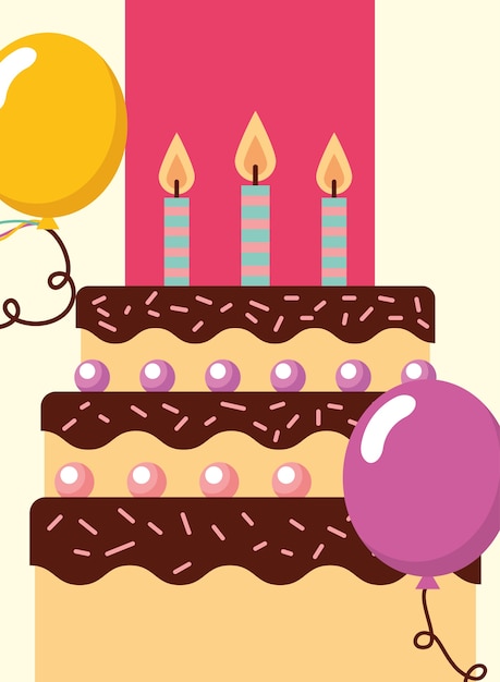 Vector delicious cake with candles flame and balloon