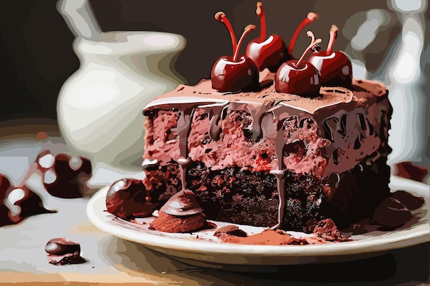 Delicious cake with cherry on table