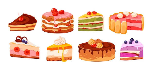 Delicious cakes and pastries set Pieces of cake with different fillings Tasty birthday food