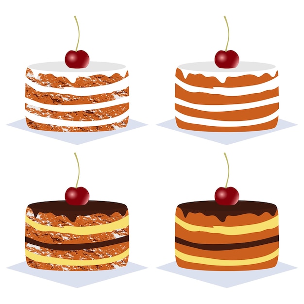 Вектор Вкусные торты со сливочным шоколадом и вишней набор тортов векторная иллюстрация