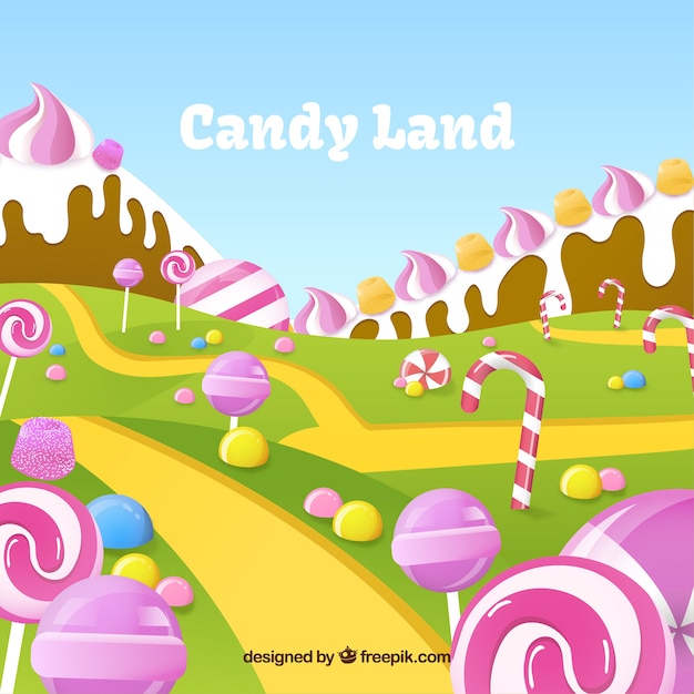 Delicious candy land background in flat style