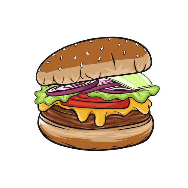 おいしいチーズバーガーのハンバーガー。カラフルな手描きのチーズバーガー、ファーストフードのベクトル図