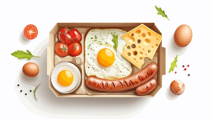 Вкусные сыры, яйца, колбасы и молочная коробка для завтрака