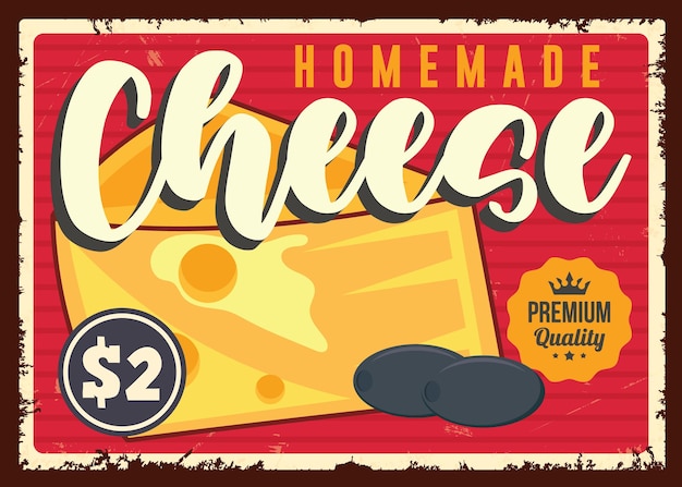 맛있는 치즈 빈티지 주석 기호 오래된 금속 질감 배경 복고풍 포스터 벡터