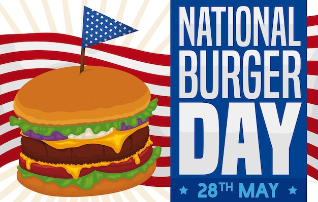 벡터 national burger day를 위한 애국적인 이쑤시개와 미국식 디자인의 맛있는 치즈버거