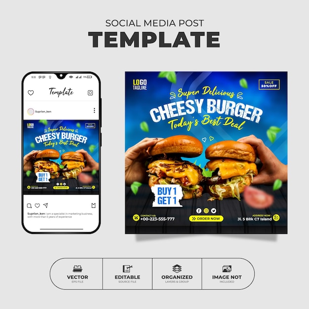 Шаблон поста в ленте Instagram для социальных сетей Delicious Cheesy Burger