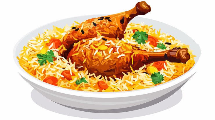 Vector delicious chicken biryani meal wide angle centered view