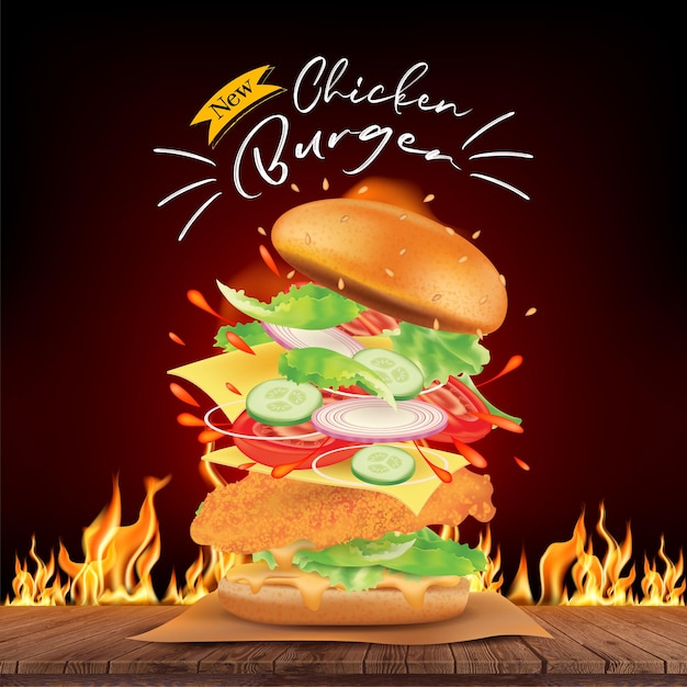 Delicious chicken burger ads and flying ingredients on wooden with burning fire