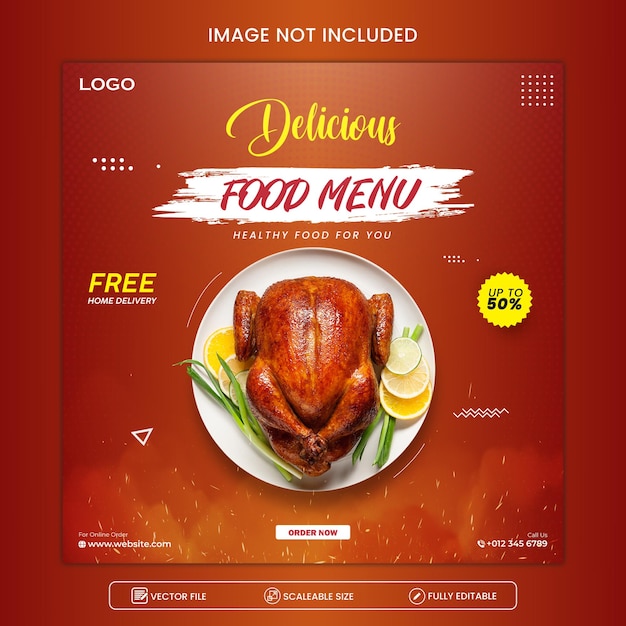 Vettore delizioso modello di banner per social media con menu di pollo e cibo