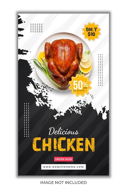 Vettore delizioso cibo di pollo promozionale offre design di storie sui social media