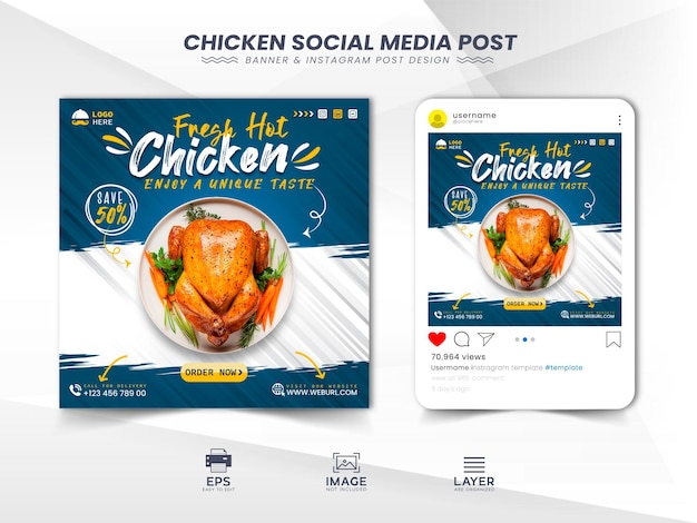 맛있는 치킨 소셜 미디어 게시물 및 Instagram 게시물 디자인 프리미엄 벡터 템플릿