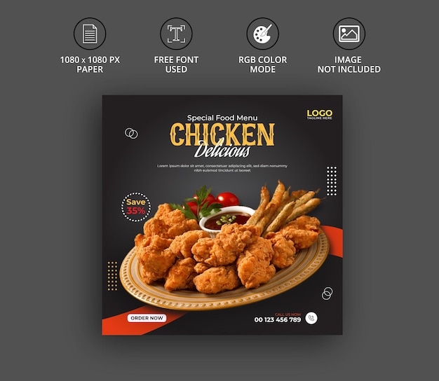 Delicious Chicken Продвижение в социальных сетях и шаблон оформления баннера в instagram