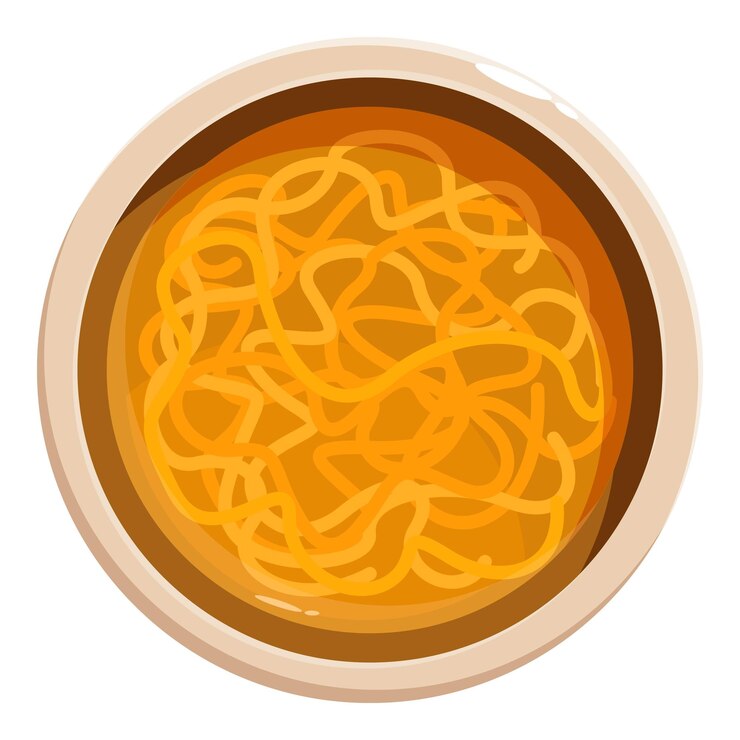 Vector delicious chicken soup with noodles served in ceramic bowl