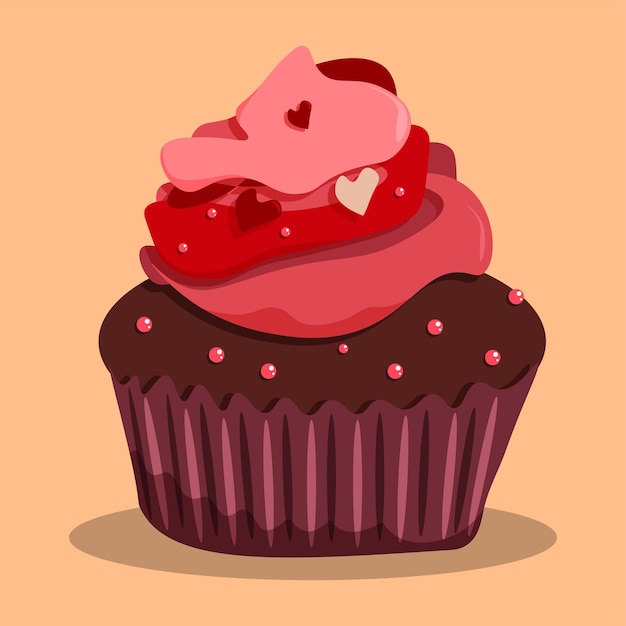 вкусный шоколадный кекс с розовым кремом и сердечками сверху Кондитерский десерт для праздничного чаепития Вектор