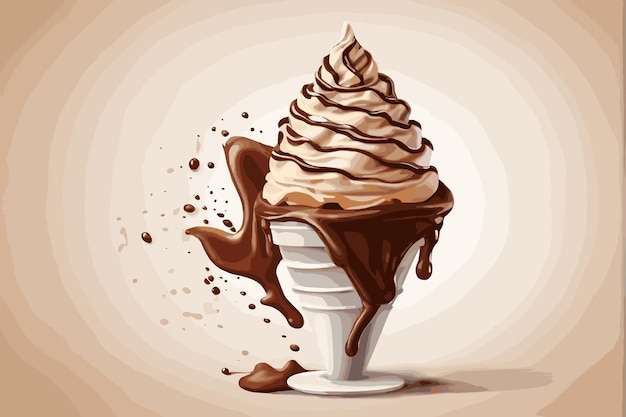 Vector delicious chocolate ice cream in crispy cones falling on beige background