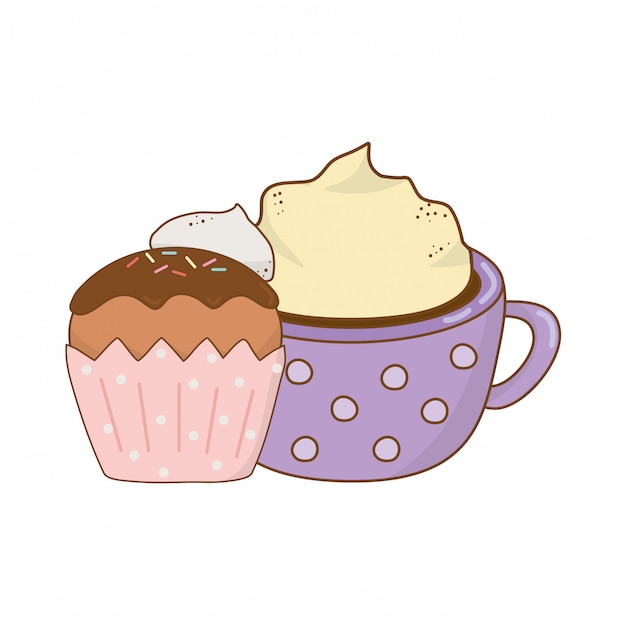 Vector delicious chocolate mug with cupcake
