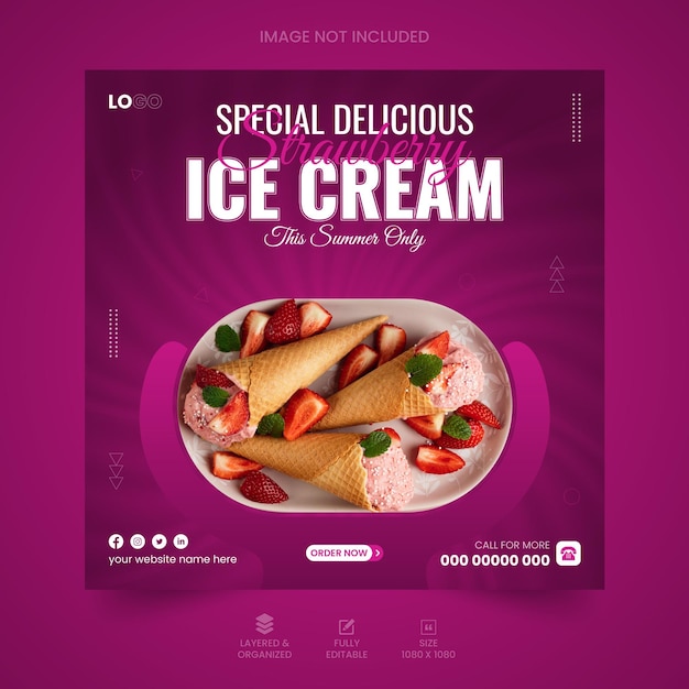 Delicious chocolate strawberry ice cream social media post design template