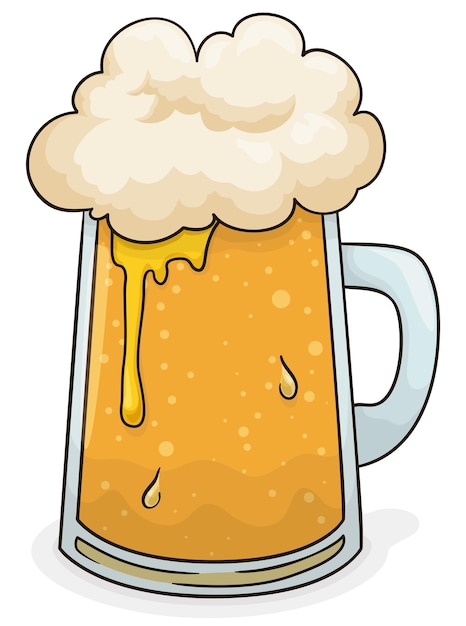 Vector delicious cold beer with a lot froth served in a glass mug or tankard in cartoon style