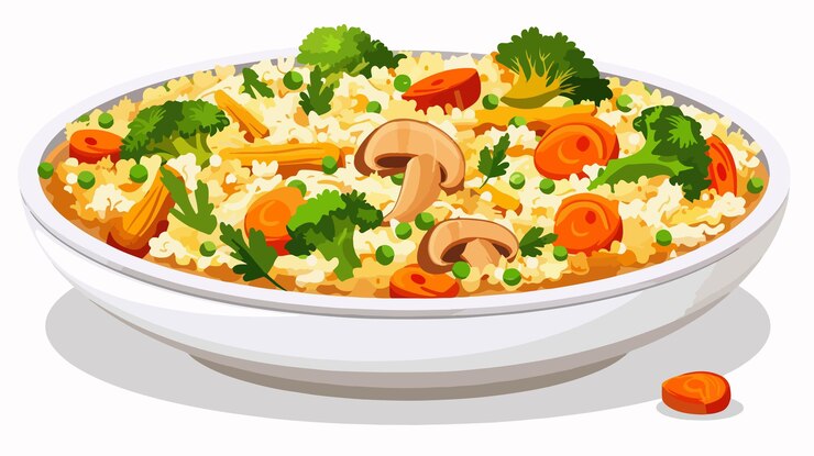 Вектор вкусный кускус с курицей и свежими овощами с соком