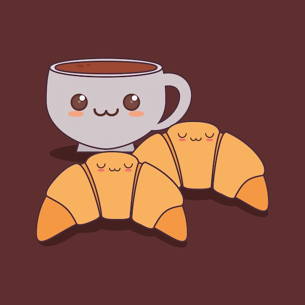 Vector delicious croissant and coffee kawaii