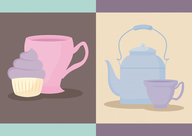 Delicious cupcake with teapot and cup